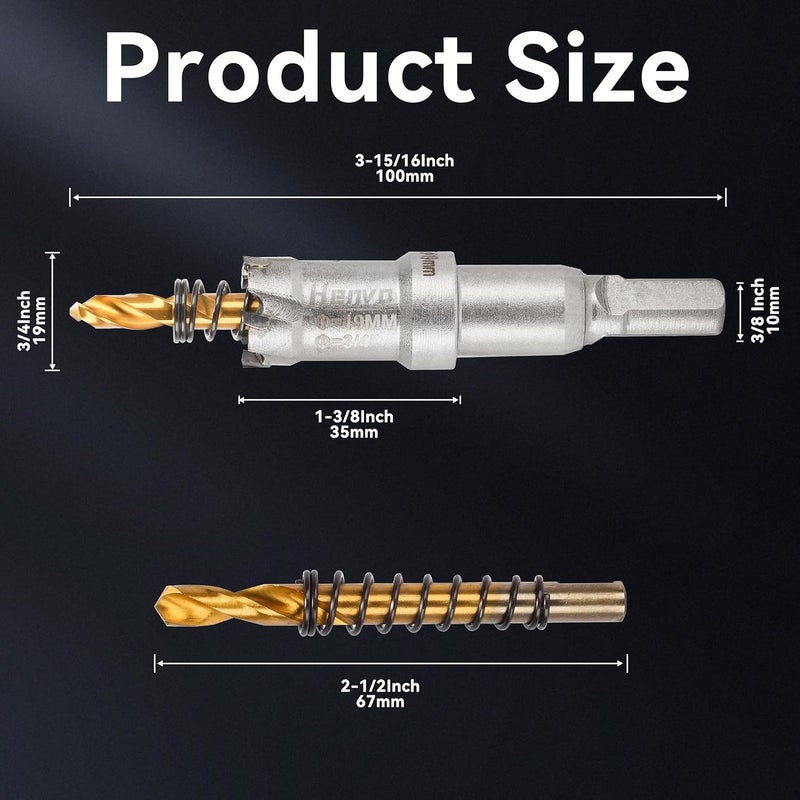 Henvo Hole Saw 3/4" (19mm) Heavy Duty Carbide with 2 Pilot Drill Bits - Metal Hole Cutter Cuts Stainless Steel, Iron, Copper, Brass, Plastic - Image 2